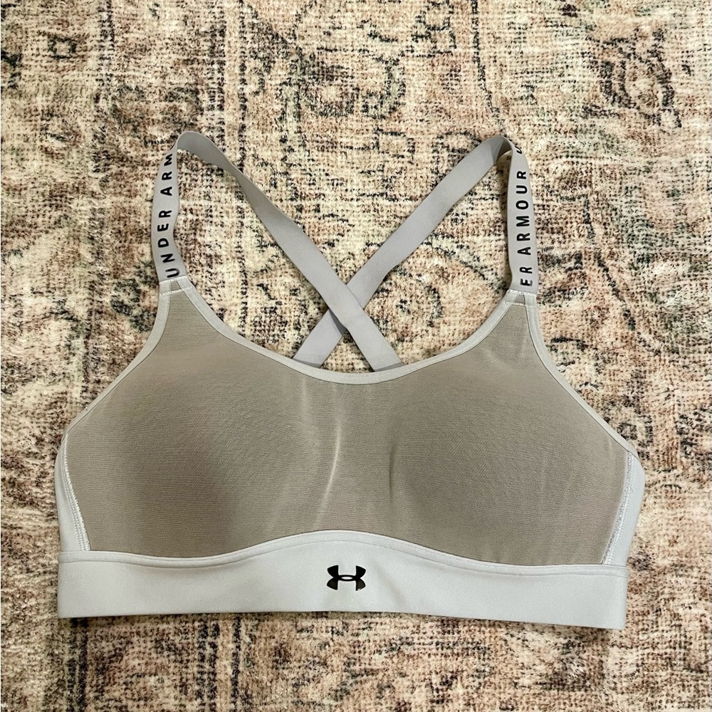 Under Armour Gray Sports Bra with Criss-Cross Straps and Compression Fit